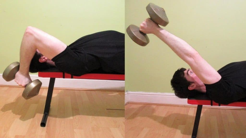A man performing a single arm lying triceps extension