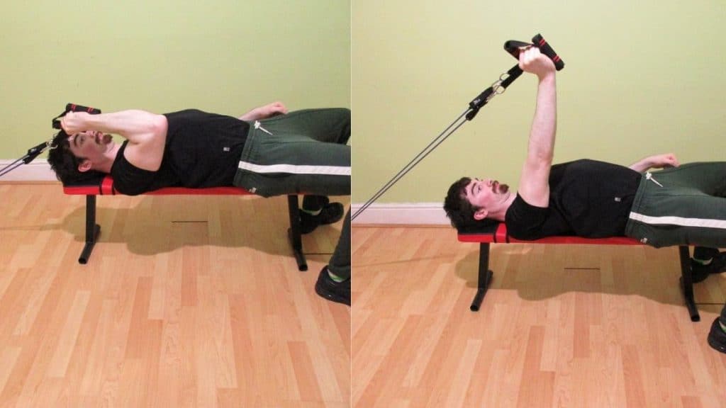 A man doing a single arm resistance band skull crusher