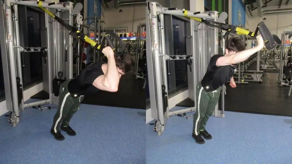 A man doing a single arm TRX skull crusher