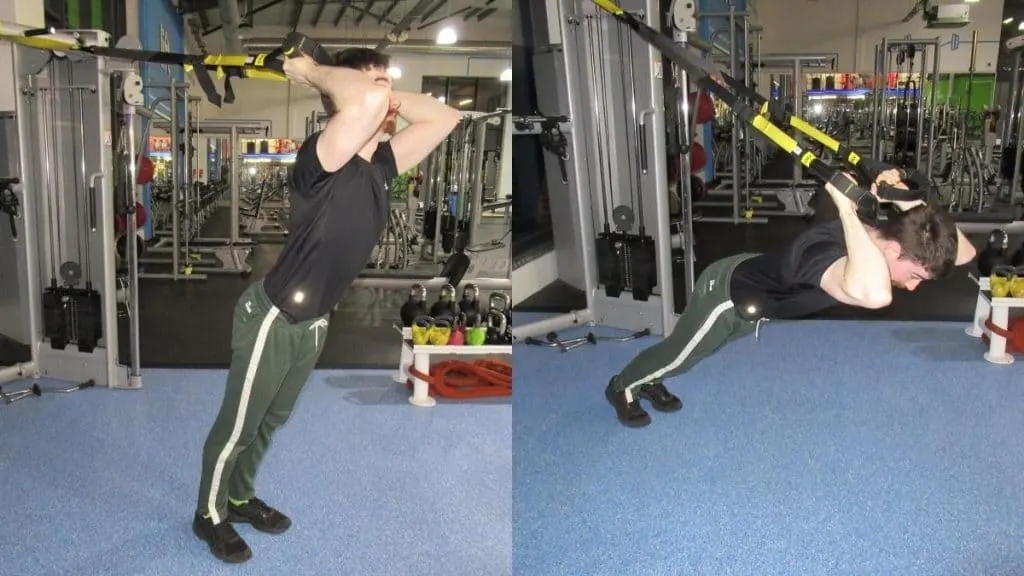 A man doing a skull crusher with a TRX suspension trainer