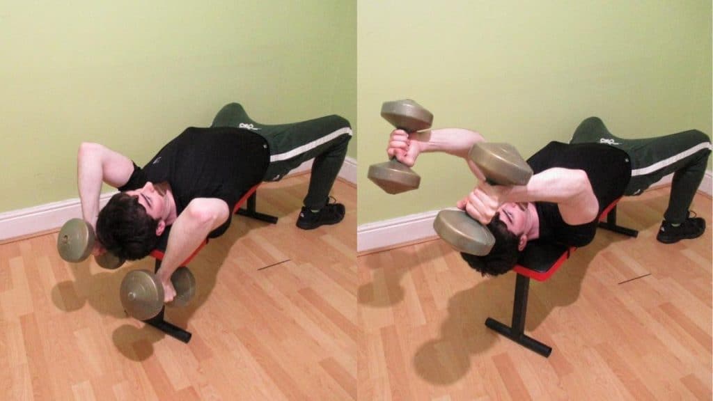 A man performing skull crushers with dumbbells