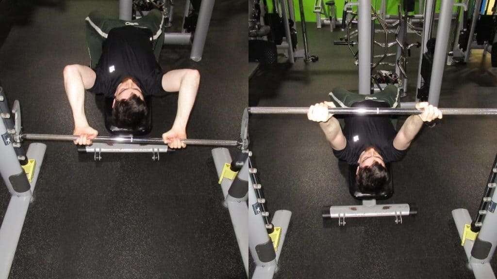 A man doing skull crushers on the Smith machine