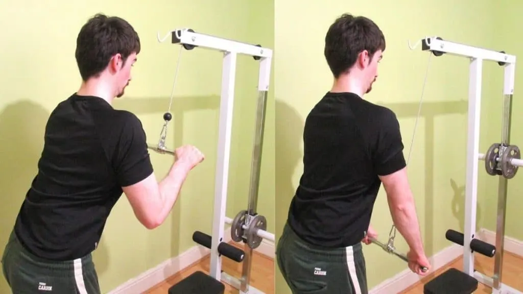 A man performing a straight bar pushdown for his triceps