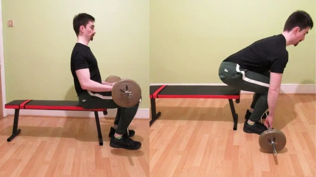 A man showing the setup for straight bar skull crushers