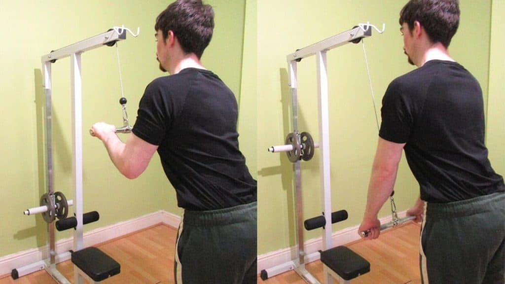 A man performing straight bar triceps pushdowns using a cable machine