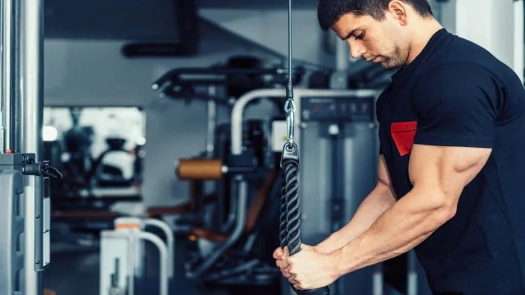 A man doing tricep cable press downs at the gym