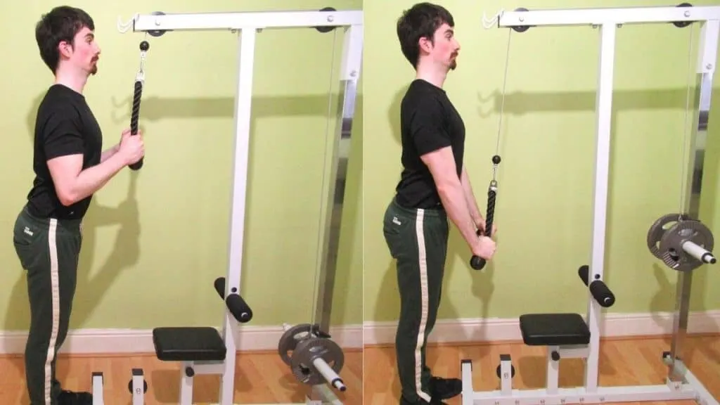 A man doing a tricep cable pushdown with a rope attachment