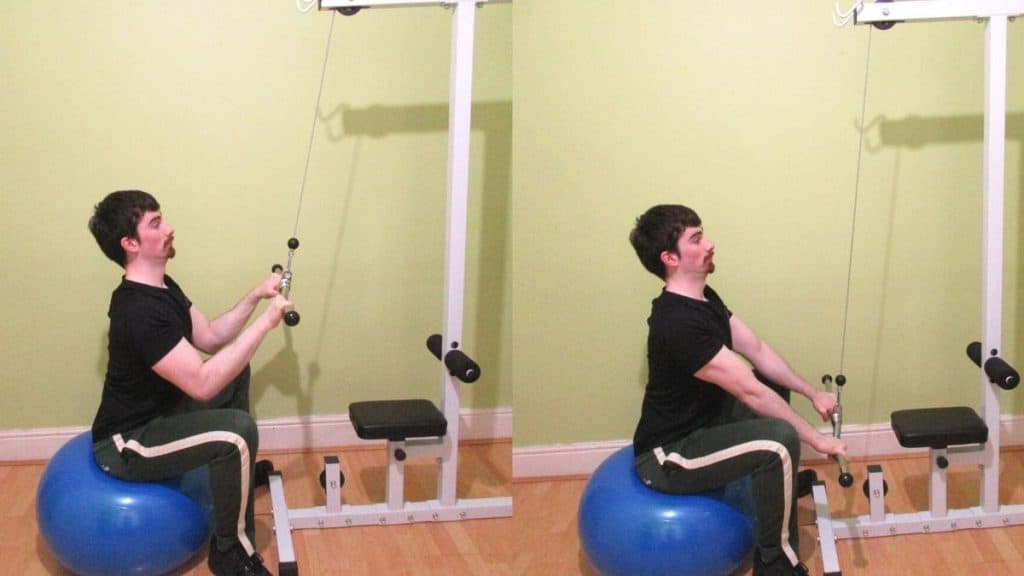 A man doing a tricep pressdown with a Swiss ball