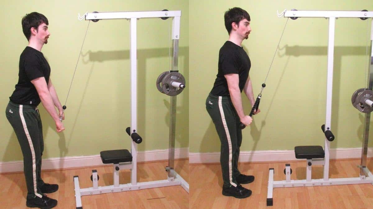 A man demonstrating the differences between a rope pushdown and a straight bar tricep pushdown