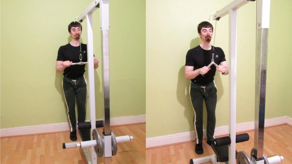 A man showing the difference between a v bar pushdown and a straight bar pushdown