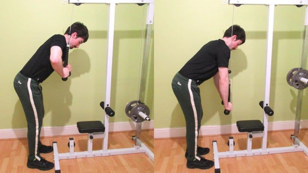 A man making a common triceps pressdown mistake: turning it into a press