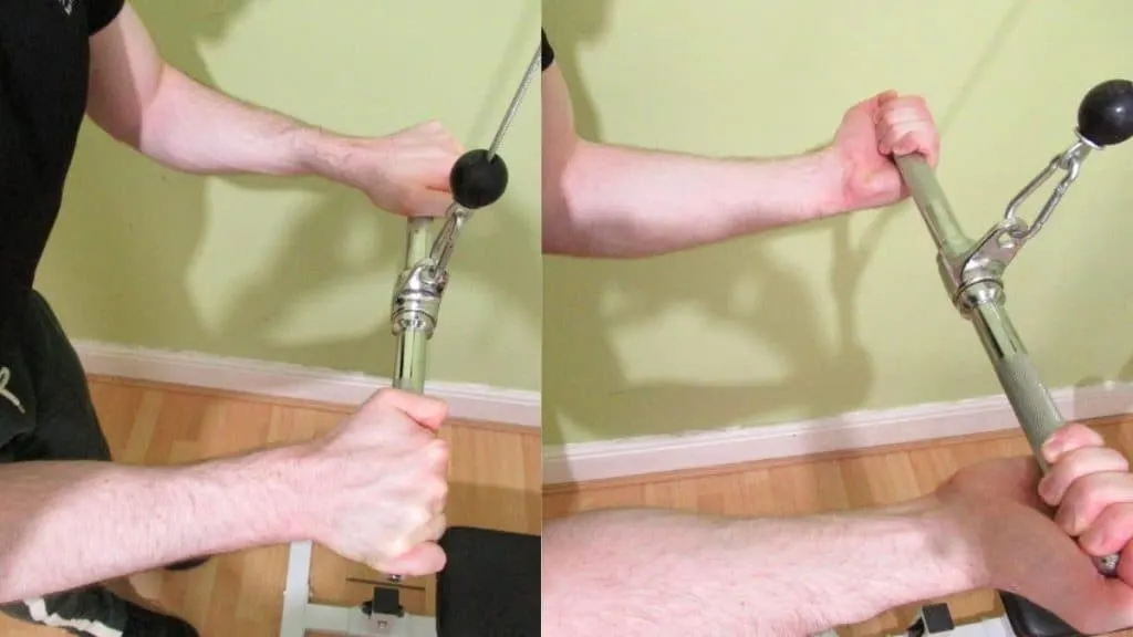 A man doing an underhand vs overhand tricep pushdown comparison