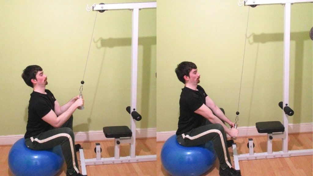 A man doing a v-bar Swiss ball pushdown for his triceps