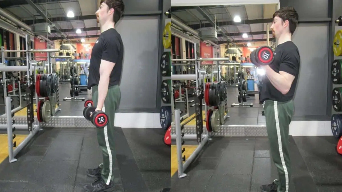 A man doing 10 pound dumbbell curls for his biceps