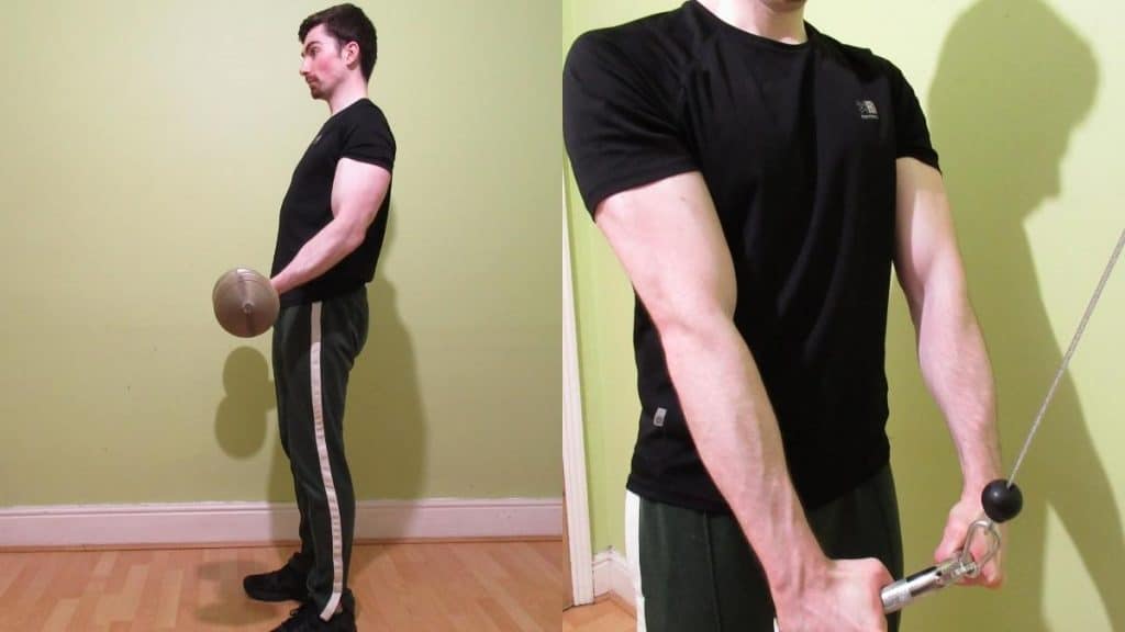 A man training his 11.5 inch biceps with weights