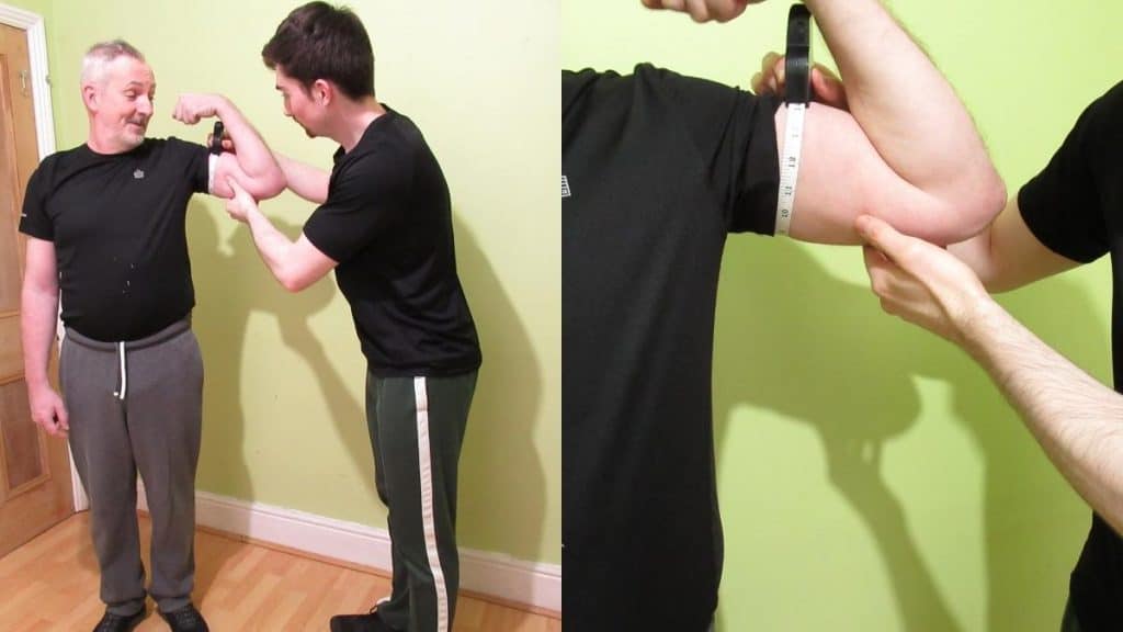 A man showing his 14 inch biceps in a flexed position