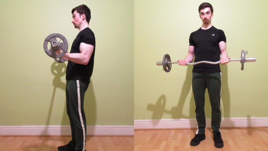 A man training his 15 inch biceps with weights