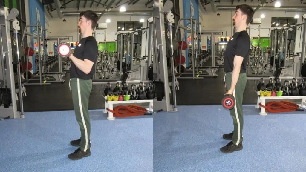 A man performing a 20 kg barbell curl for his biceps