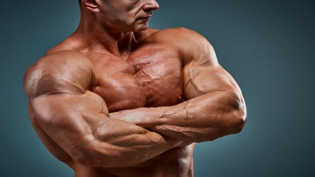 A bodybuilder folding his arms and displaying his 22 inch bicep muscles
