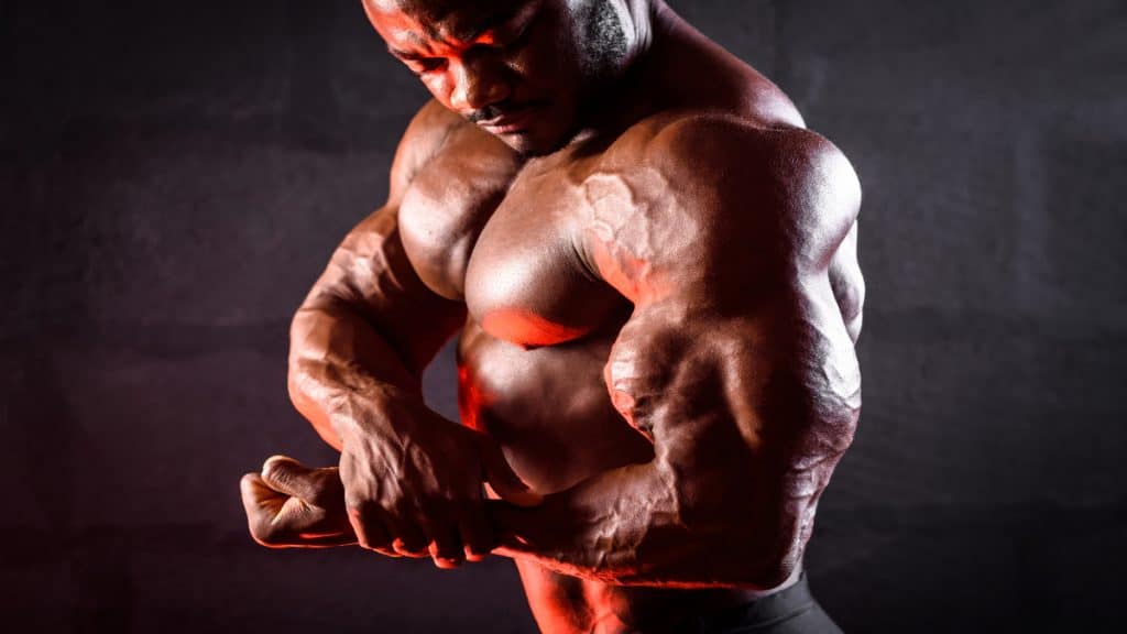 A bodybuilder flexing his 26 inch biceps
