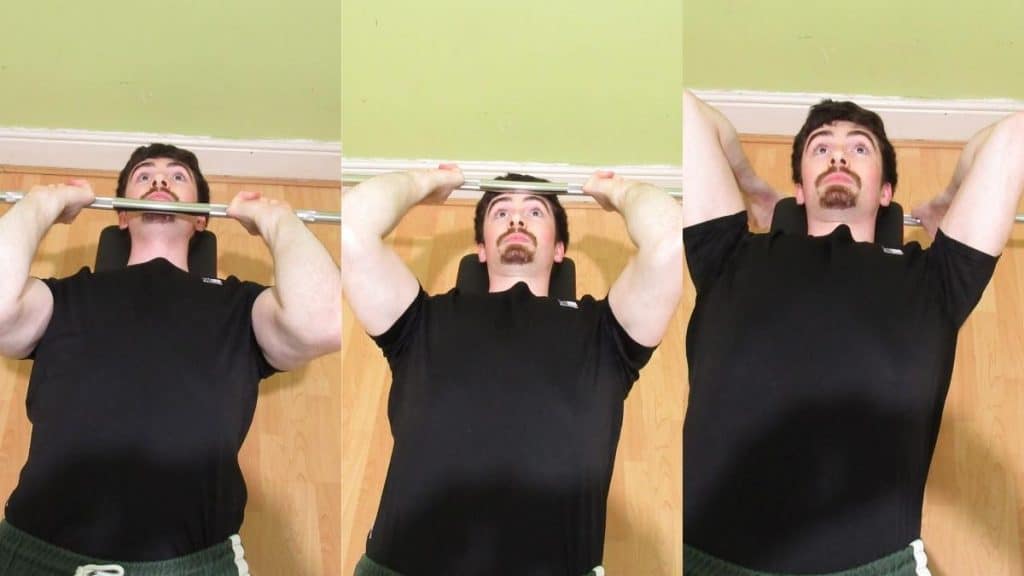 A man doing a 3 way skull crusher for his triceps