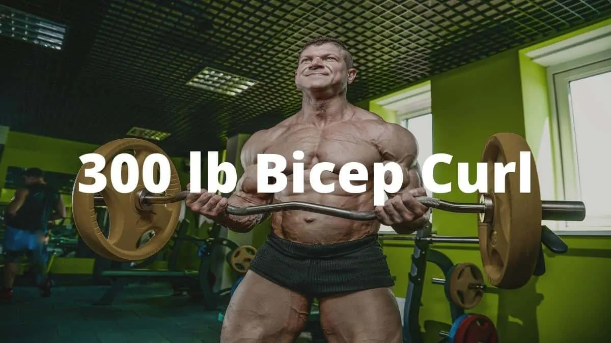 A bodybuilder performing a 300 lb bicep curl with a barbell