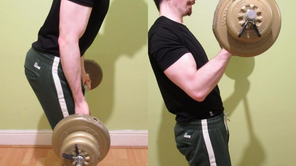 A man doing Arnold straight bar cheat curls for his biceps