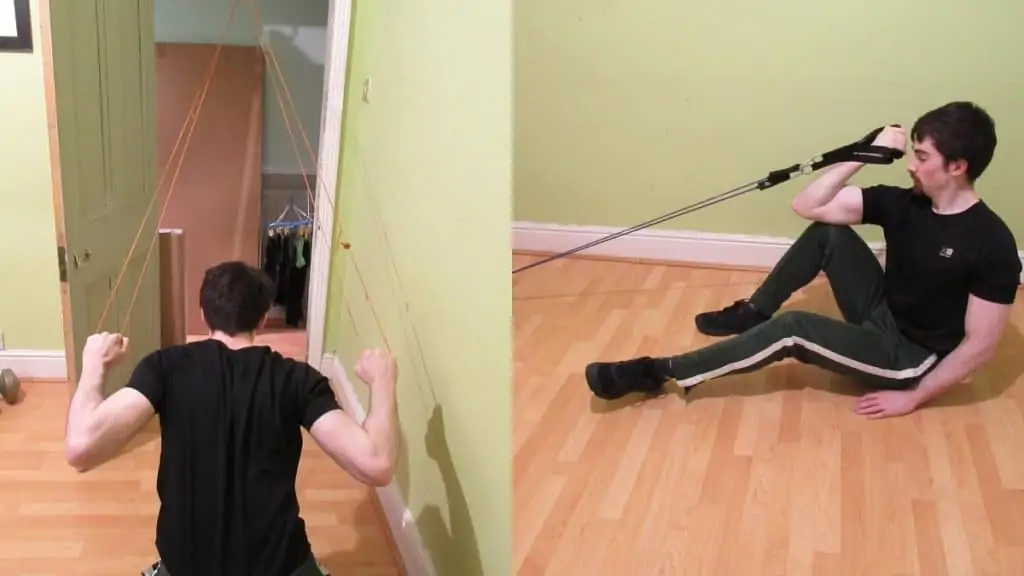 A weight lifter doing a back and bicep workout with resistance bands