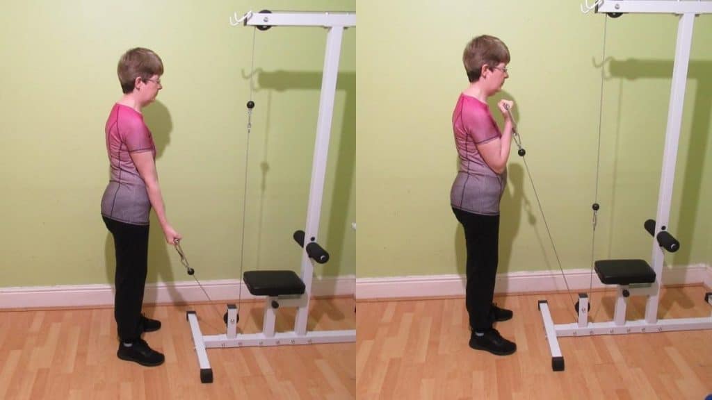 A lady doing back and bicep workout that's designed for women