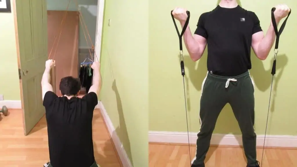 A man performing a banded back and bicep workout