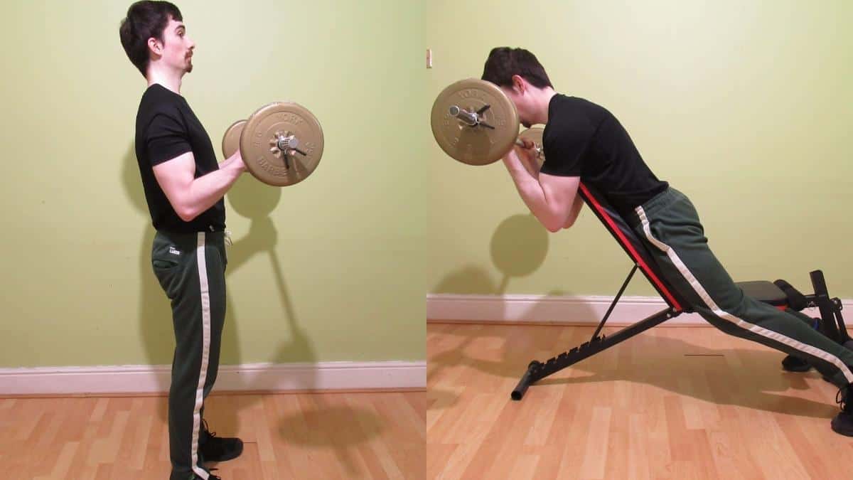 A weight lifter performing some exercises during his barbell biceps workout