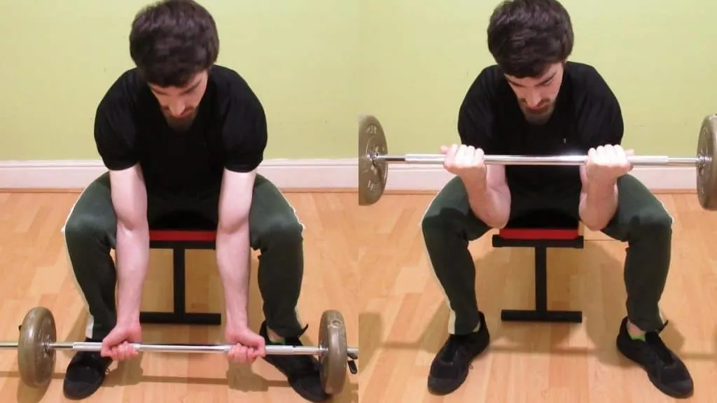 A man performing barbell concentration curls for his biceps