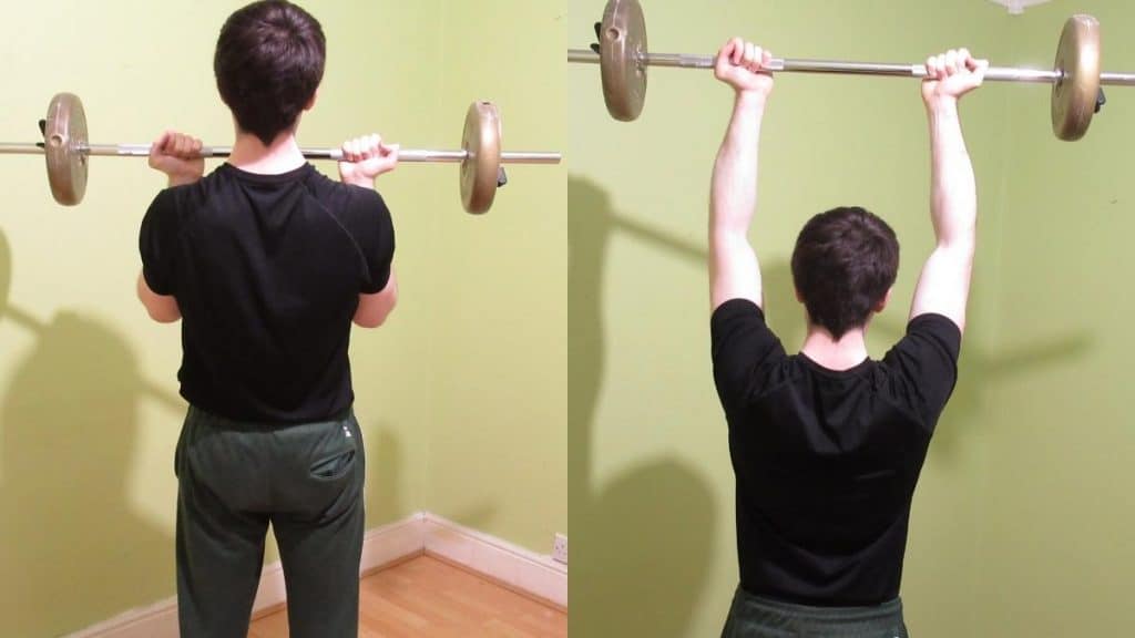A man performing a barbell curl to press