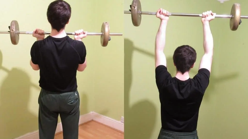 A man performing a barbell curl to press