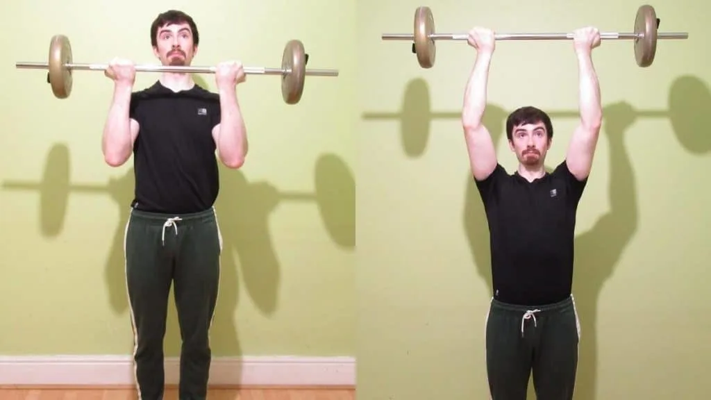 A man doing a barbell curl to shoulder press