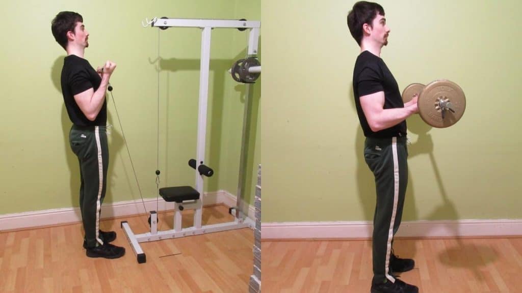 A muscular man doing a side by side barbell curl vs cable curl comparison