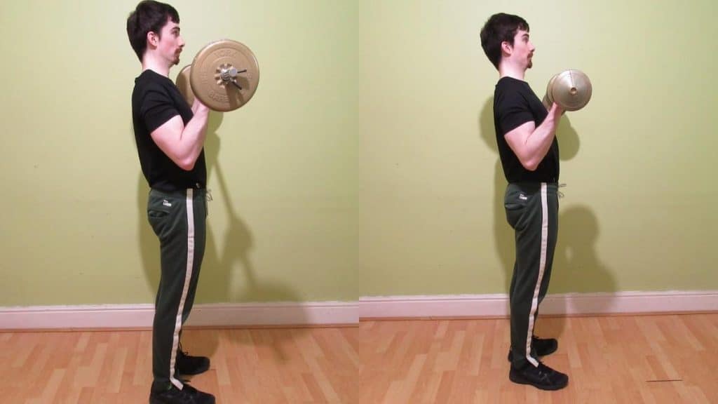 A man with muscular biceps doing a side by side barbell curl vs dumbbell curl comparison
