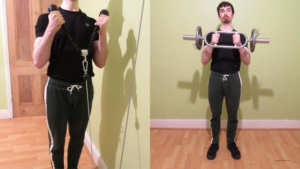A man demonstrating that you can do barbell curls or cable curls to build muscle