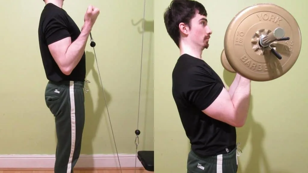 A weight lifter doing a side by side barbell curls vs cable curls comparison