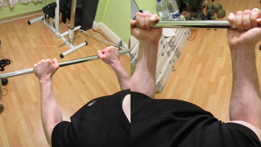 A man doing a side by side barbell curls vs reverse curls comparison to show the differences