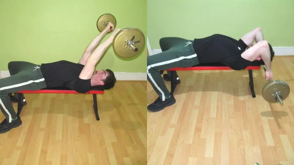 A man performing a barbell reverse grip skullcrusher