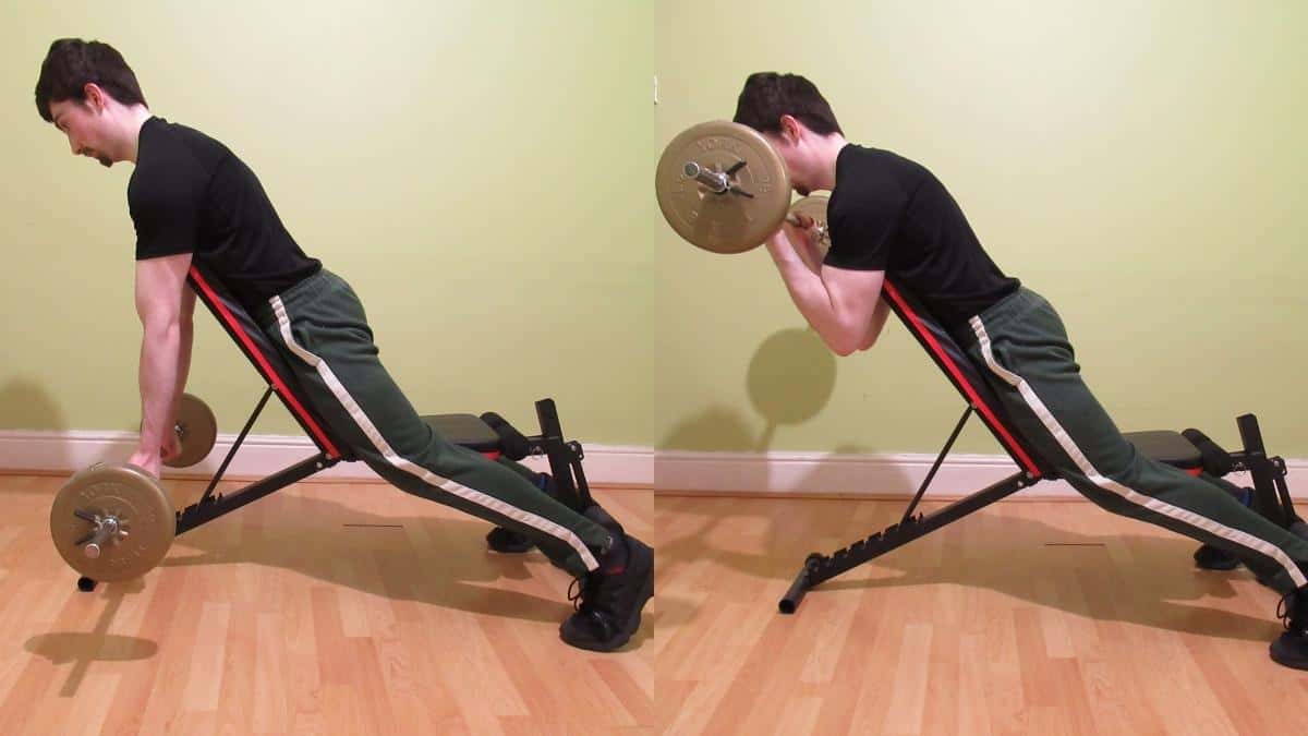 A man doing a barbell spider curl to work his biceps