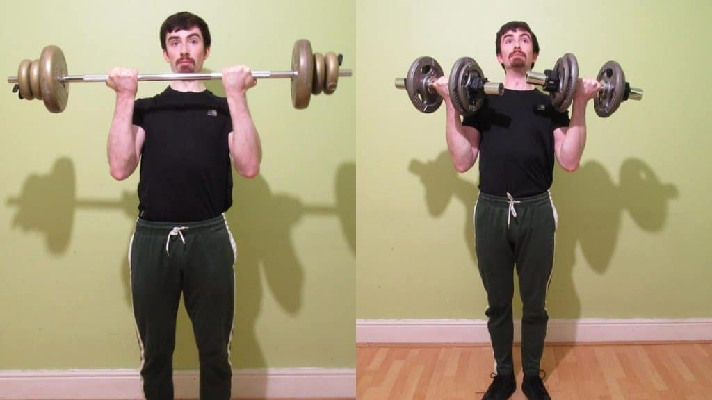 A weight lifter doing a barbell vs dumbbell curl comparison