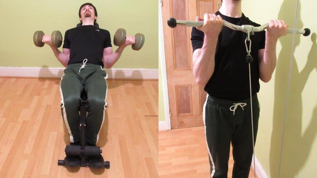 A man performing a basic bicep workout with simple equipment