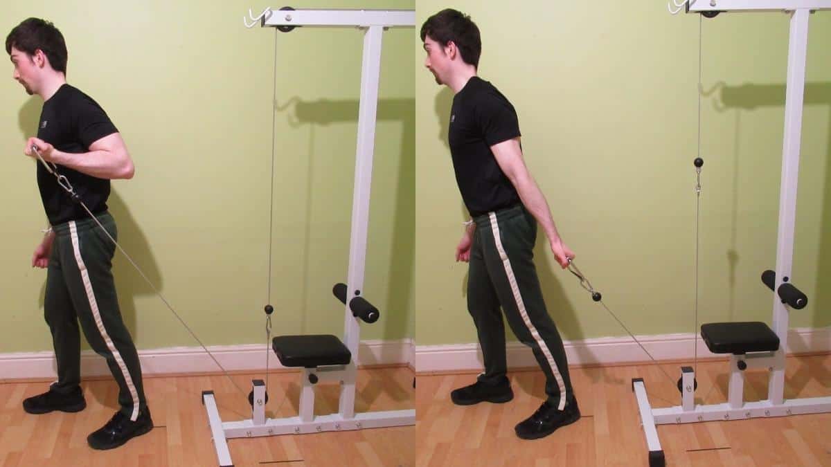 A man doing a cable bayesian curl to work his biceps