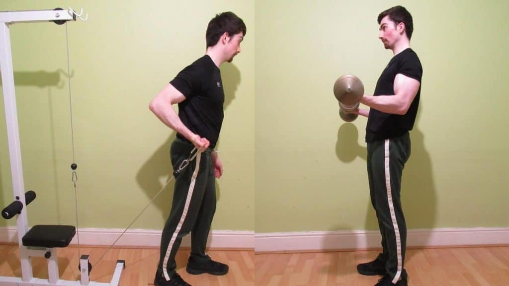 A man doing a bayesian curl vs regular curl comparison to show the differences