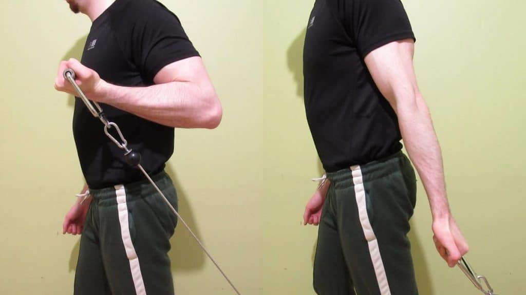 A man doing a behind back cable curl for his biceps