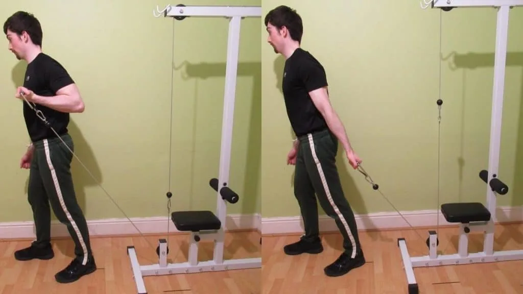 A man doing a behind the back cable curl for his biceps