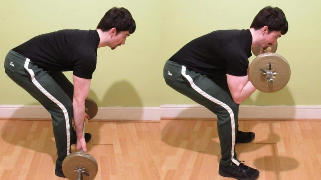 A man doing a bent over barbell concentration curls