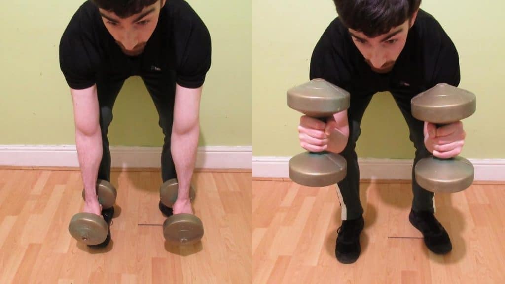 A man doing a bent over two arm concentration hammer curl